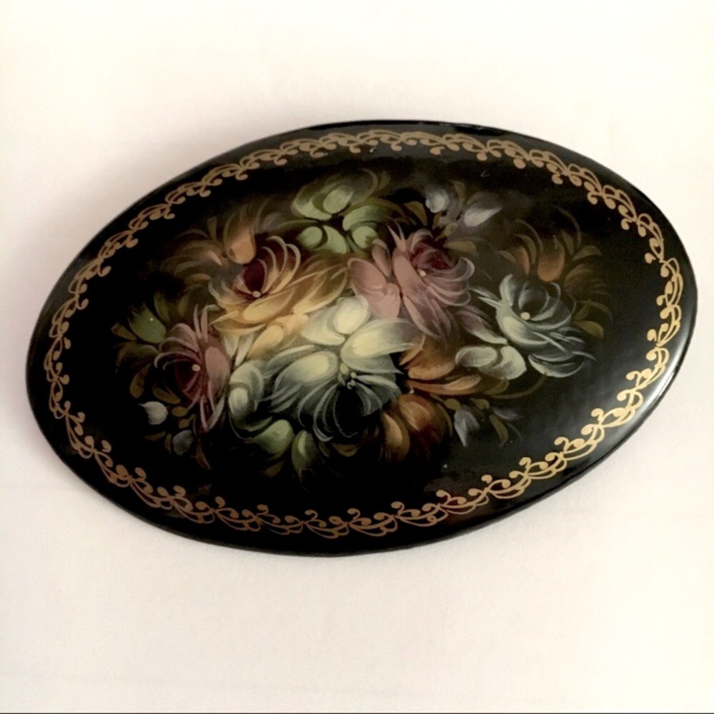 Russian Hand Painted Wooden Floral Artist Signed Brooch Pin